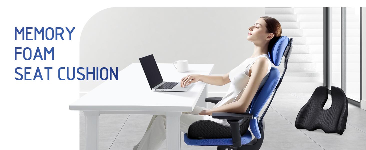 Non-Slip Memory Foam Seat Cushion for Office Chair, Gaming Chair & Car Seat, Ergonomic Support for Back, Legs & Long Sitting