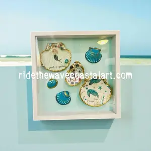 RideTheWaveCoastalArt Seashell and Oyster Shell Coastal Shadow Box with Unique Mermaid and Turtle Designs for Beach Decor