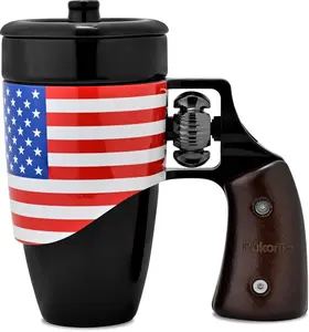 PUKOMC 16oz Revolver Tumbler: Ceramic with Wooden Handle, Heat-Resistant & Stress-Relieving Rotatable Design. Ideal Gift. Coffee Drinkware Mug Cup Black Reusable Washable Stylish Steel Stainless