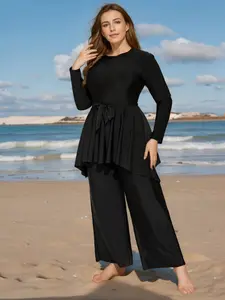 Women's Plus Size Two-Piece, Middle East Style, Large Leaf Hem, Waist Cinching Tie Design, Modest Bikini, Swimwear for Women, Modest Swimsuits