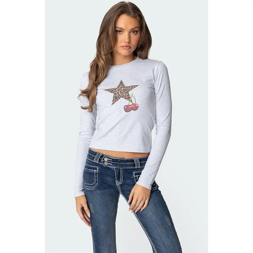 Edikted Women's Cherry Leopard Star Long Sleeve T-Shirt