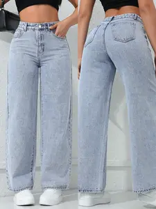 Spring Summer New Women's Pants Light Blue High Waist Elastic Jeans Casual Vacation Daily Versatile Wide Leg Pants