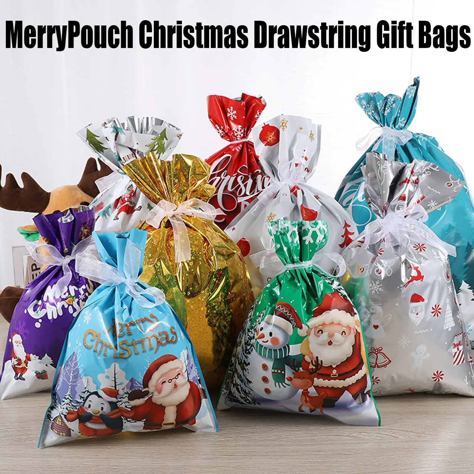 Christmas  Gift Bags, 18 PCS Xmas Gift Bags with 7 Size Large or Small Wrapping Bags, Christmas Foil Gift Wrapping Sacks Pouches, Xmas Upgrade Holiday  Gift Package, Party Favor Wrapping Bulk Bags, Party Favors Assortment