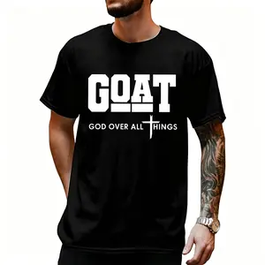 GOAT (“God Over All”) graphic T-shirt for men, 100% pure cotton, loose street-style short sleeves—trendy Christian casual top, best-selling faith urban fashion style.
