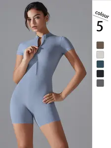 Women's Solid Half Zip Mock Neck Sports Romper, Sporty Comfy Breathable Short Sleeve Skinny Romper for Yoga Gym Workout, Ladies Sportswear for All Seasons, Workout Gym Clothing, Yoga Jumpsuit, Workout Jumpsuits