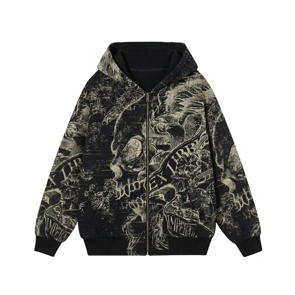 Vintage Y2K Skull Wings Zip Up Hoodie, Grunge All Over Print Graphic Hoodie, Unisex Casual Streetwear Jacket, Soft Fleece Full Zip Hooded Sweatshirt, Retro Gothic Fashion, Size S–5XL