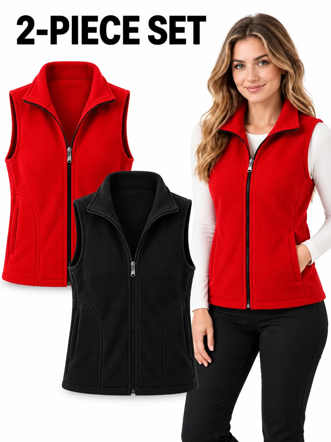 Women’s 2 Pack Sporty Vest, Full Zip Sleeveless Fleece Vest with Stand Collar, Lightweight Outdoor Layering Vest for Hiking, Walking, Travel & Casual Wear