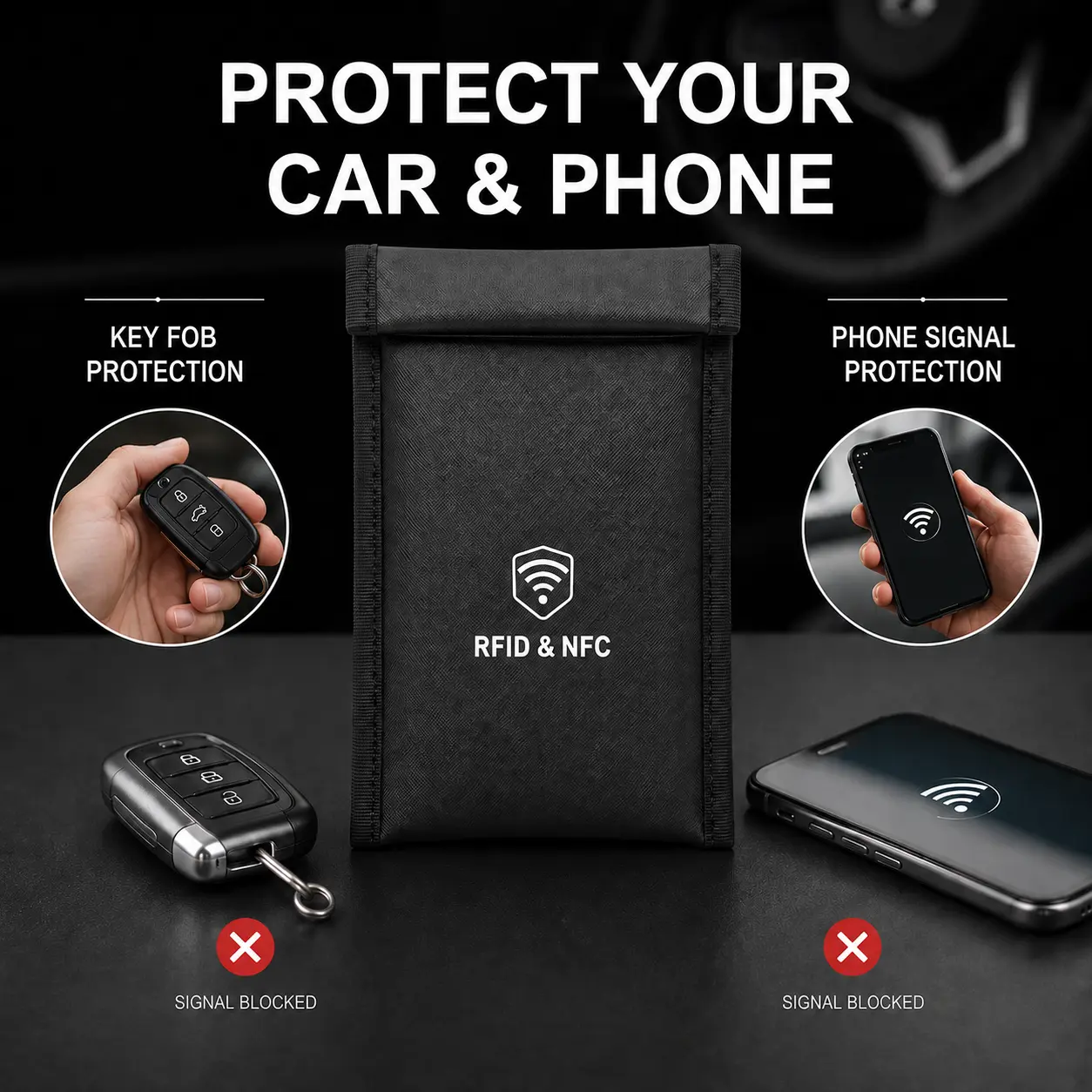 Faraday Pouch for Car Key Fob & Phone, RFID NFC Signal Blocking Bag, Helps Block 5G WiFi Bluetooth GPS Signals, Protective Pouch with Detachable Wrist Strap