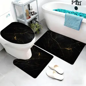 Black Gold Vein Bathroom Mat Set, Luxury Modern Pattern Absorbent Non-Slip 3 Piece Toilet Lid Cover U-Shaped Floor Rug