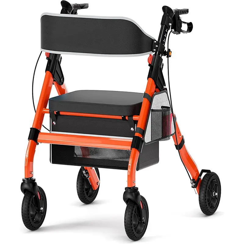 Heavy-Duty Aluminum Portable Foldable Rolling Rollator Walker for Seniors, 450 lb Capacity, 8" Wheels, 18" Patterned Large Seat, 6-Position Adjustable Handle, 19.56 lbs, Day/Night Safety Package, Suitable for Garden Paths, Hospital Corridors