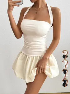 Women's Plain Sleeveless Halter Neck Crop Top Dress, Slim-Fitting Mini Party Dresses, Y2K Style All Season Wear, Trendy Fashion Clothing, Womenswear
