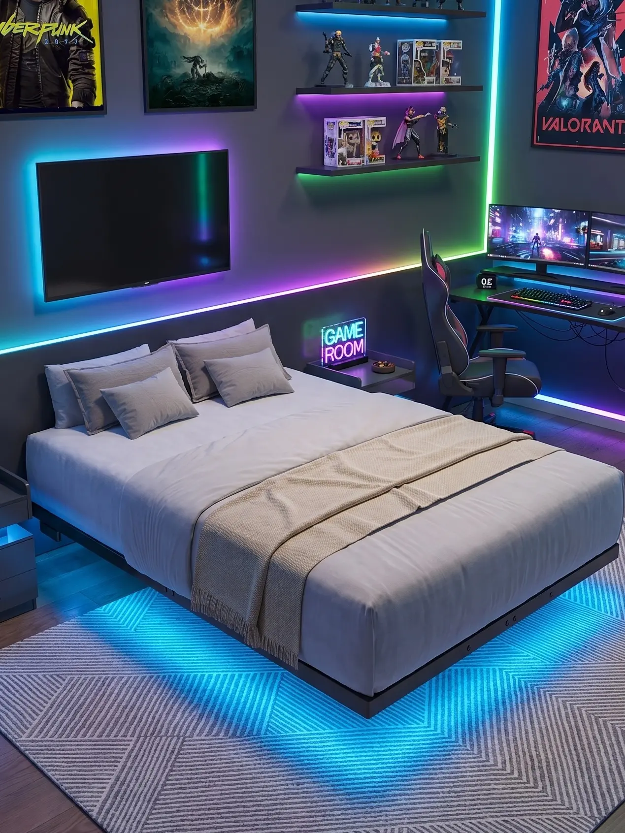 【SummerFinds】ONBRILL Floating Queen Bed Frame with LED Lights Metal Slats Underbed Storage Space No Box Spring, Bedroom Furniture, Modern Floating Bed, Full Size Bed Frames