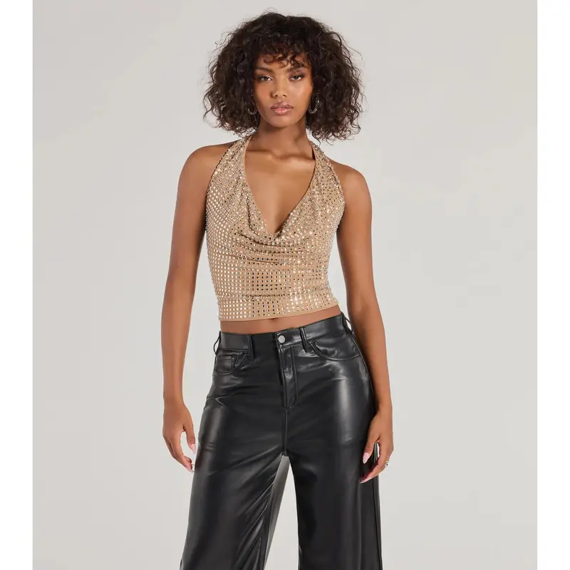 black rhinetsone halter neck top - TikTok Shop