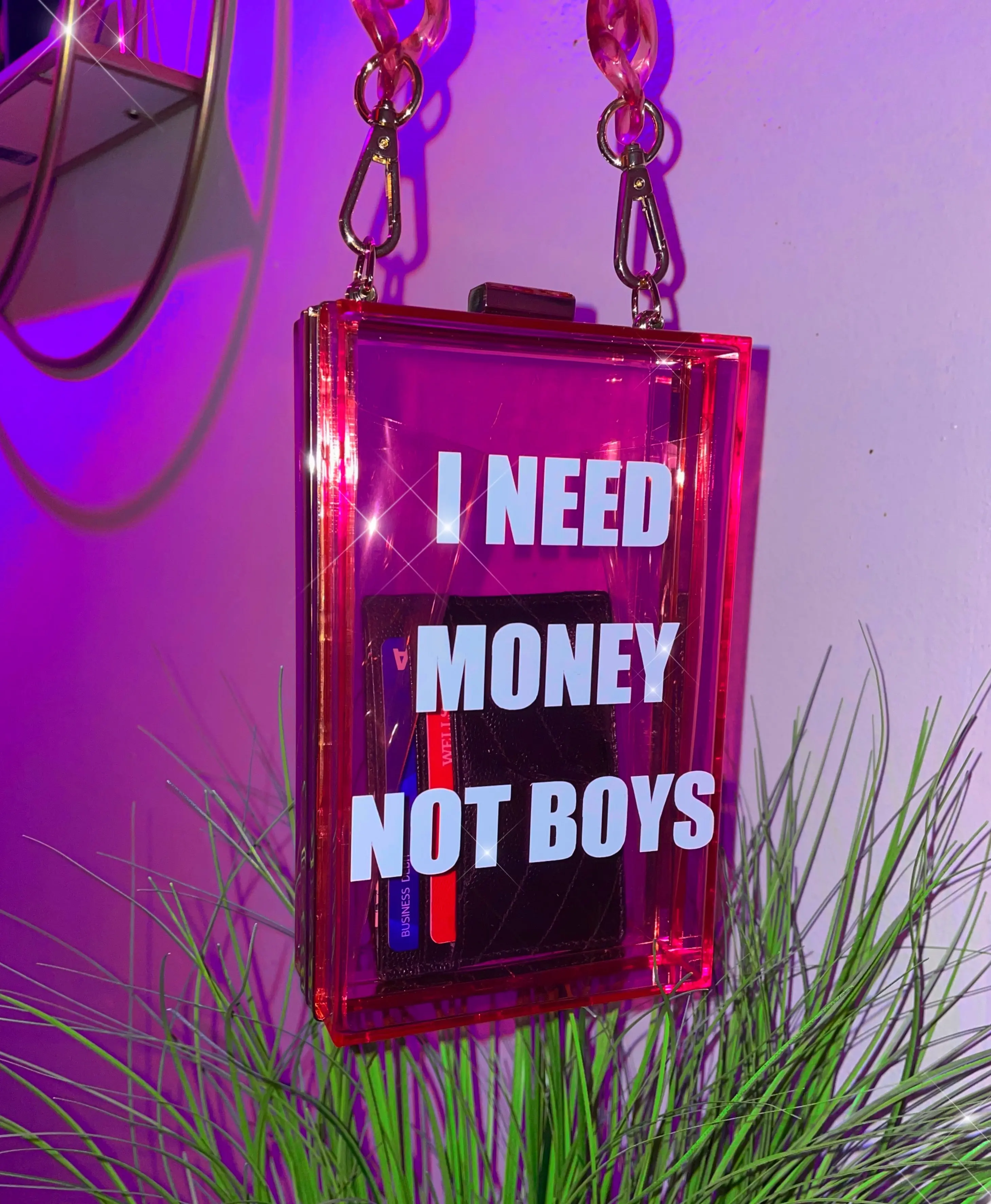 Money Not Boys Acrylic Rectangle Box Hand Clutch with Detachable Shoulder Strap Personalization Options Available Custom Print Options Y2K Style Bag