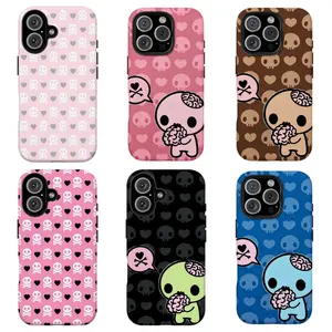 FL-Y2k Kawaii Em0 Z0mb1e Phone Case,Pink/Black/Blue Skull & Heart Pattern Aesthetic Case For iPhone 11 12 13 14 15 16 17 Air Pro Max for Samsung S26 S25 S24 S23 S22 S21 Case,Gift for her/him