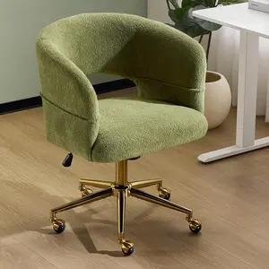 Karlhome Modern Curved Office & Vanity Desk Chair, Cute Upholstered Nail Chair with Wheels & 360° Swivel & Club & Tilting & Gold Base, for Bedroom, Living Room, Makeup, Velvet Chenille