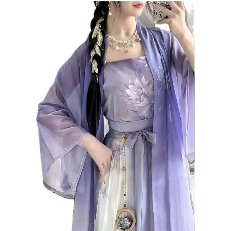 Women's Traditional Hanfu Costume Set, 3-Piece Vintage Song Dynasty Outfit in Soft Gradient Polyester, Includes Wide Sleeve Cardigan and Wrap Skirt for Party, Square Neck, Holiday, Belt, Camisole, Classic, Cold Wash, Clothes, Jacket, Elegant