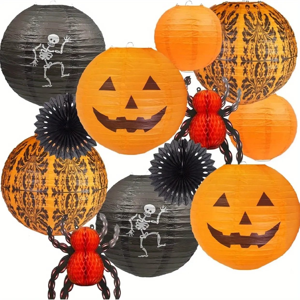 1set Halloween Hanging Decorations Paper Lanterns, Jack-O'-Lantern Spider Skeleton Pumpkin for Indoor & Outdoor Spooky Home Decor, Party Supplies Props