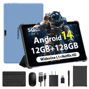 POWMUS 10.1-inch Android 14 Tablet 6GB RAM (Supporting 12GB Expand) 128GB ROM (1TB Expandable Max), Quad-Core, Dual Cameras 5MP+8MP, 8000mAh Battery, All-in-One with Bluetooth Keyboard, Mouse, Stylus, Case & Cable — Perfect for Work, Study