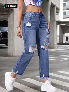 Women's Plain Ripped Raw Hem Straight Leg Jeans, Casual Fashion Denim Pants for Daily Wear, Ladies Bottoms for Fall & Winter, Frayed Hem Jeans