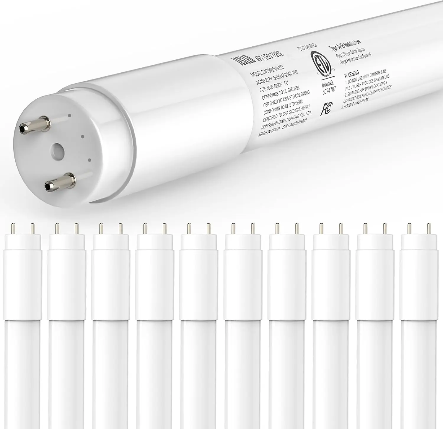 ETL Listed 10-Pack 4FT T8 LED Bulbs, Fluorescent Replacement (T10/T12 Compatible), Type A+B, 14W 2450LM 5000K Daylight White, Plug & Play/Ballast Bypass, G13 Base, Frosted Cover
