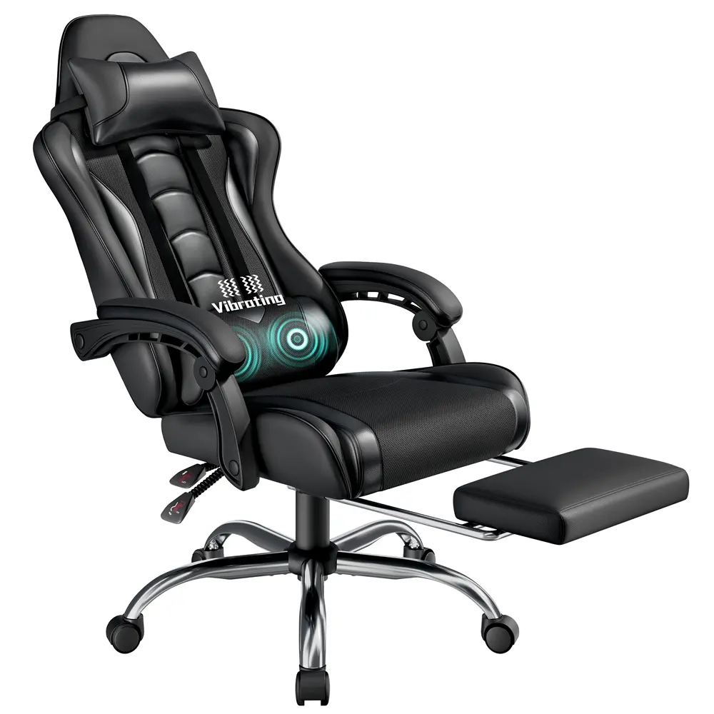 Costoffs Ergonomic Gaming Chair with Massage Lumbar Support, Retractable Footrest & Headrest – PU Leather Reclining Office Chair, Swivel Rolling Desk Chair for Tall Gamers