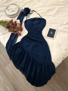 Elegant French Vintage Chic 3D Floral Off-Shoulder Asymmetrical Hem Dress, Elegant Ruffle Hem, Slim Fit Formal Women's Party Gown for Evening & Dance Events Womenswear