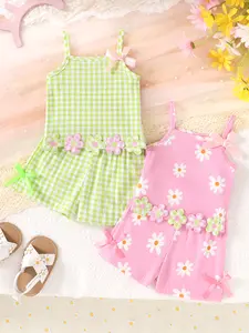 This 4-piece girls' clothing set includes a casual, elegant, sweet, cute, soft, comfortable, and breathable floral print camisole with bow embroidery and elasticated waist shorts with floral embroidery. Suitable for everyday wear, vacations, and parties.