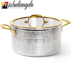 Michelangelo Triply Stainless Steel Stock Pot with Lid, Luxury Hammered Stainless Steel 6 Quart Pot with Lid & Golden Handle, Premium Induction Stockpot - 6QT