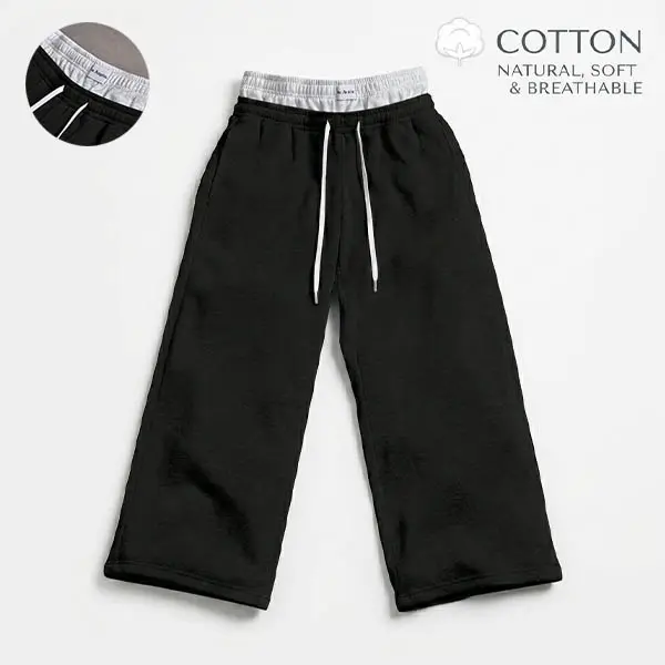 Black sweatpants with faux double waistband, slight flare wide legs, Y2K style, soft and comfortable pants, American retro street style pure cotton long pants, sports casual unisex design