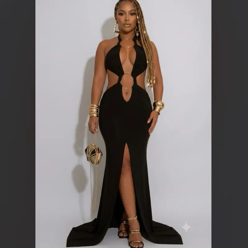 Marbella Halter, Deep V, Backless Maxi Dress