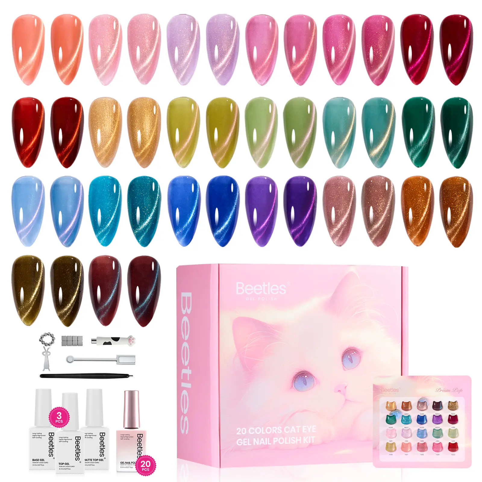 【Exclusive to TikTok】Beetles Cat Eye Gel Polish Set, DIY Gel Nail Polish Kit for Home Manicure, Cat Eye Nail Art Gift for Women Girls, Spring Summer Vacation Nails
