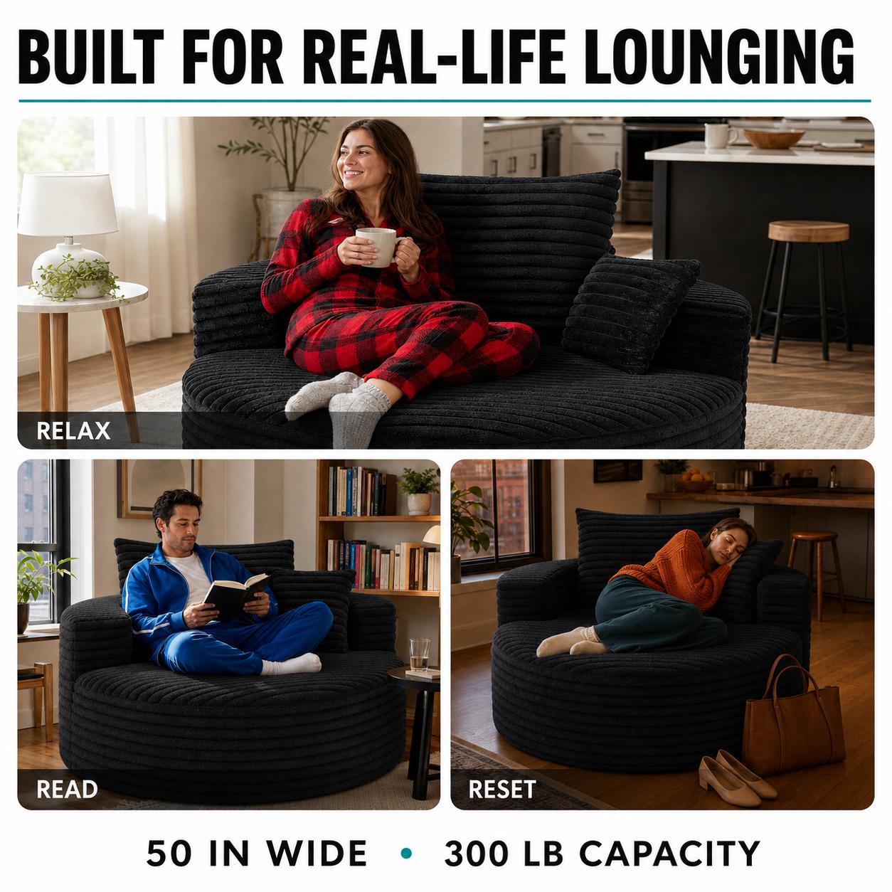 50in Round Lounge Chair Sofa, No-Assembly Compressed Cloud Floor Couch with Deep Seat, Soft corduroy, Backrest & Throw Pillows for Adults, Bedroom and Apartment