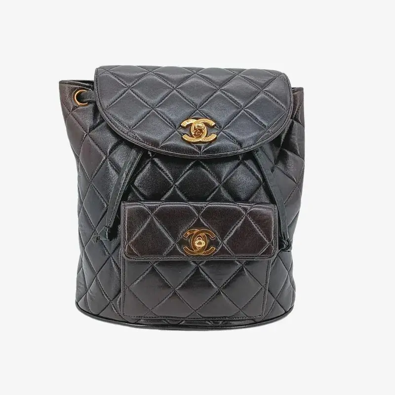 Pre-owned CHANEL Vintage Duma Black Lambskin Quilted Backpack, Pre Loved Luggage & Bag with Shoulder Strap, 9.5 cm Size for Travel, Shopping (Backpacks Category), 21 Cm Long, Approximately 71 Cm Straps