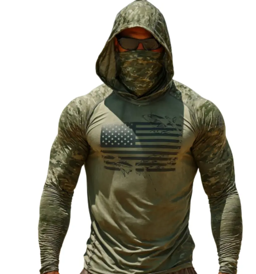 Men's Army Green Hooded Hoodie/Jumper - All-Season Outdoor Elastane Top, 1-Piece Design, Camouflage Flag Print Mask, Quick-Drying Breathable Long-Sleeve Normal Type, Machine Washable for Mountaineering, Fishing Casual  Wear vintage camo athletic fit