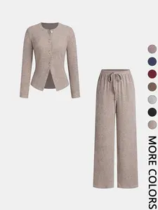 Women's Autumn Winter Set, Knitted Boat Neck Top with Buttons & Ribbed Long Pants, Casual Loose Fit for Ladies