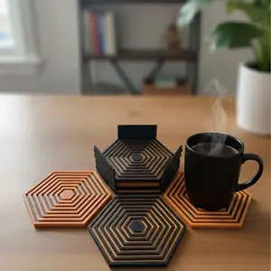 Unique Hexagon Coaster Set | Black & Orange Modern Coasters | Minimalist Drinkware for Coffee Table | Stylish Housewarming Gift