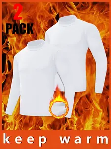 Men's Thermal Underwear Set, High Neck Long Sleeve Shirts, Casual Striped Knit Tops for Fall & Winter, Fitted Polyester Fabric