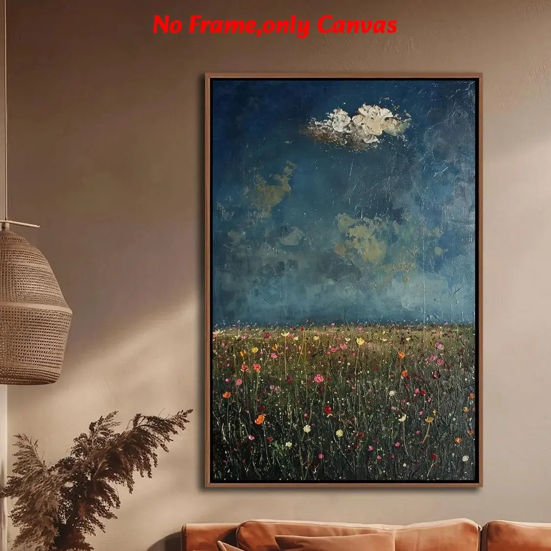 1pc, wall art, vintage poster, Unframed Art Print, rustic dark blue sky and flowers print, wildflower field oil painting style picture, living room decor, room decor aesthetic, bedroom decor, housewarming gift, frameless