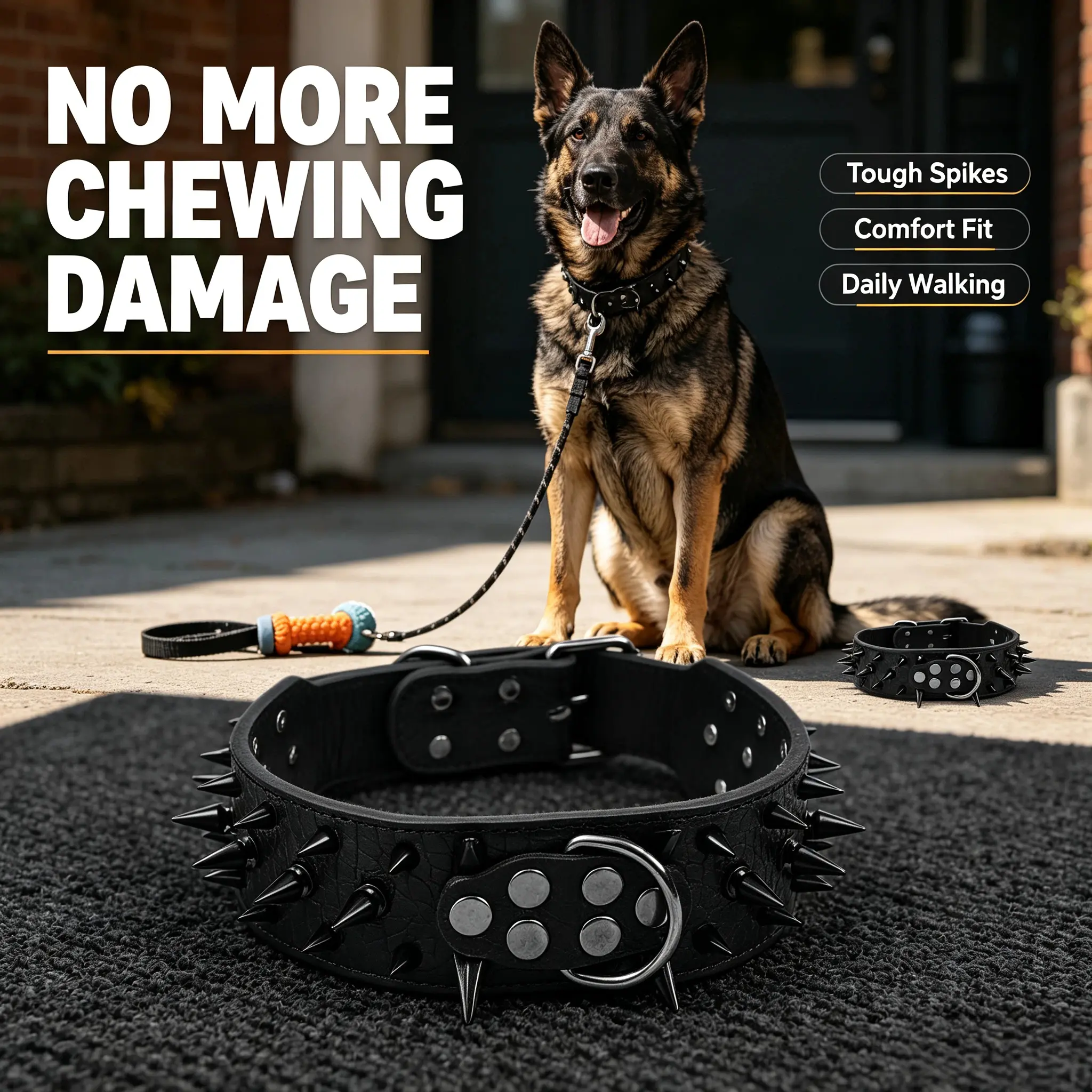 Rustproof Electroplated Black Alloy Spiked Punk Dog Collar, Thick Croc PU Leather Wide Strap Protect Dog Trachea, Tight Stitching Multi Rivet Reinforced High Tensile Anti-Bite Collar for Rottweiler Pitbull Mastiff Bulldog Medium Large Dogs