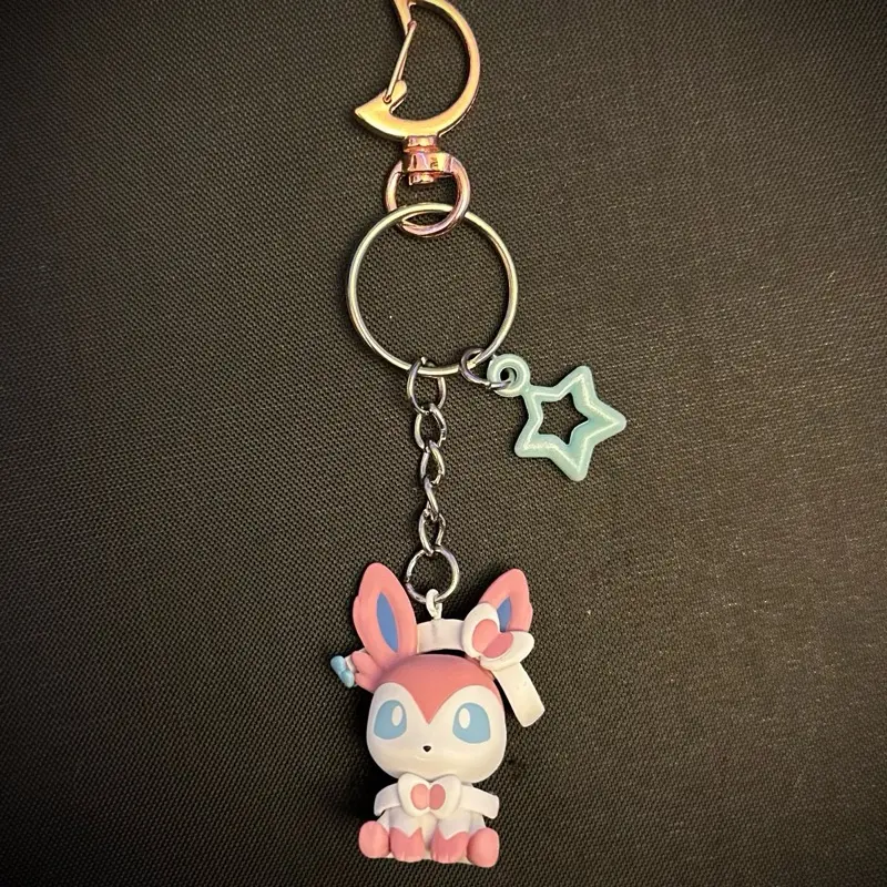 Chibi Silveon Keychain with Added Clip, Character Design, Keyring Attachment, Pink and White Color Scheme