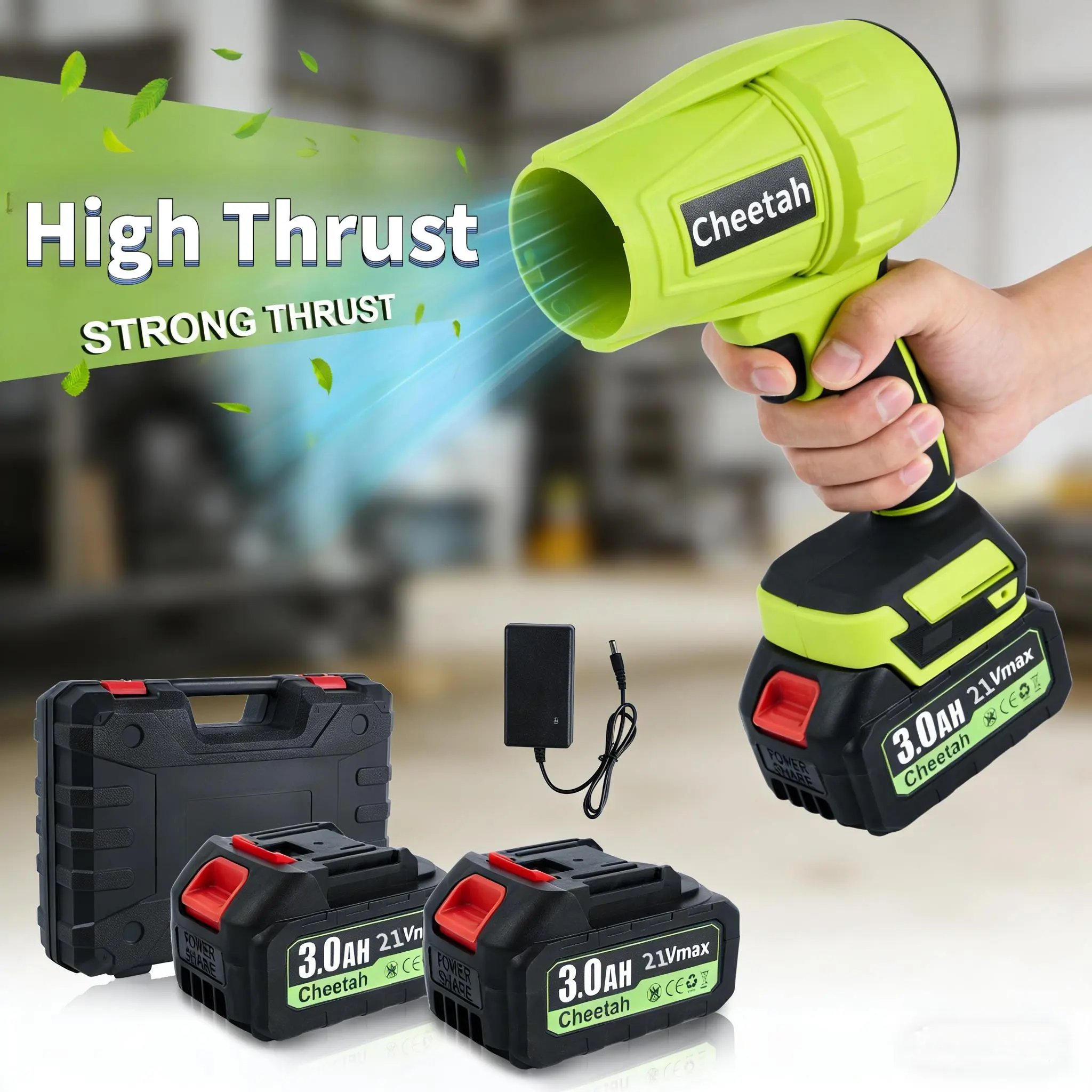 Powerful 21V Max Cordless Air Blower – Cheetah 1100g Thrust Electric Blower with 2 3.0Ah Batteries, Ideal for Yard Cleanup, Workshop Dusting & DIY Projects