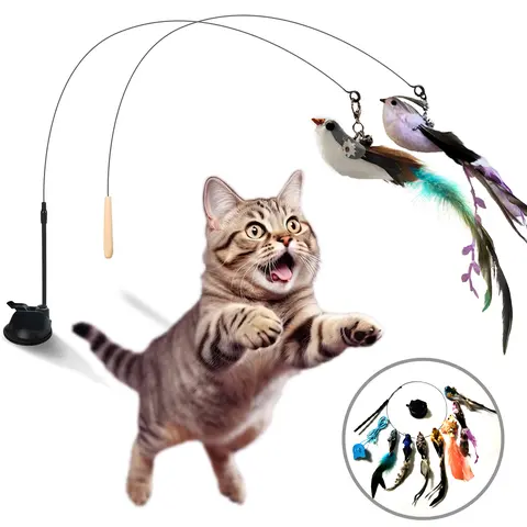 10-in-1 Interactive Kitten Wand Cat Toy - Automatic Hands-Free Plastic Suction Cup Base, Animal Print, Natural Bird Feather Ball, Cardboard Scratch Surface for Claw Care & Satisfying Scratching Needs, Fabric Components, Ideal for Indoor Cats