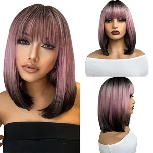 Pink Brown Ombre Black Short Straight Synthetic Wigs With Bangs Bob Wig For Women Valentine's Day Gift Daily Cosplay Party Heat Resistant Hair Wigs For Daily Use Cosplay, Party, Beginner Friendly  Vacation Spring Summer Autumn Trendy All-Match Women's Wig