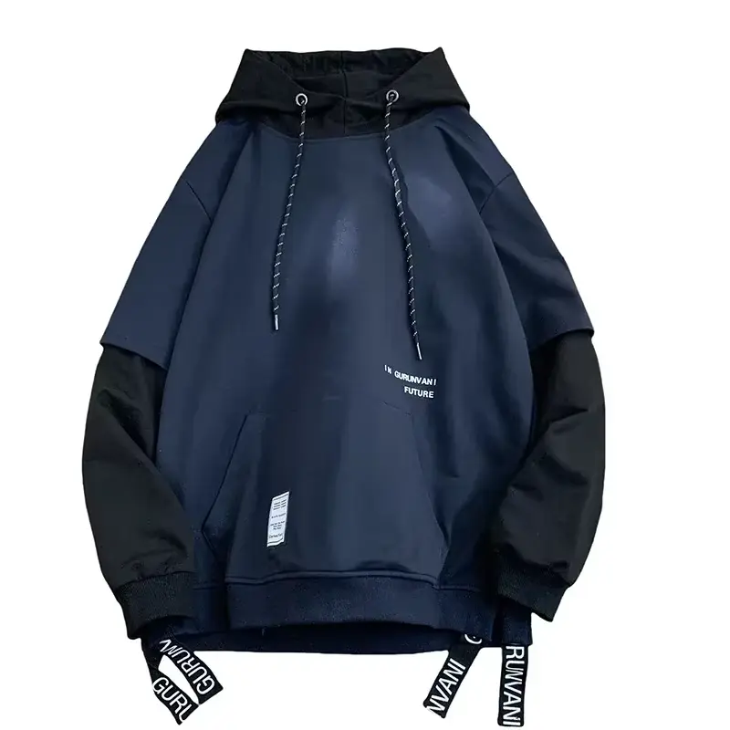 GURUNVANI Tide Fake Two Piece Hoodie Hip Hop Men Pullover Hooded Sweatshirt Printed Casual Sweatshirt Webbing Drawstring Hoodies Patchwork Hoodie Blue