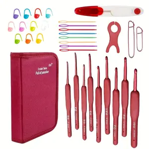 33pcs red TPR crochet hook set with soft grip, ergonomic TPR handle crochet hook, suitable for beginners handicraft crochet hook set (accessory color random) Crochet Gift Kit