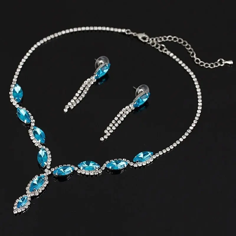 Glam Rhinestone Statement Jewelry Set with Aqua Blue Gems | Perfect for Prom & Wedding | Elegant Necklace & Earrings Set