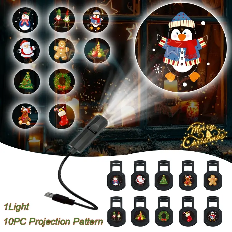 LED Christmas Projection Light with Santa Claus, Replaceable Cards, 360° Rotation, USB Powered Holiday Lighting for Home Office Party Decorations, Projector Light