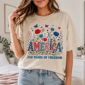 America 250 Years Shirt, USA Floral Birthday Sublimation Shirt, 4th of July 2026 Shirt, Patriotic Rose Cornflower Shirt, USA 250 Years of Freedom Shirt, 1776-2026 Shirt, Semiquincentennial Tee, Fourth of July Gift