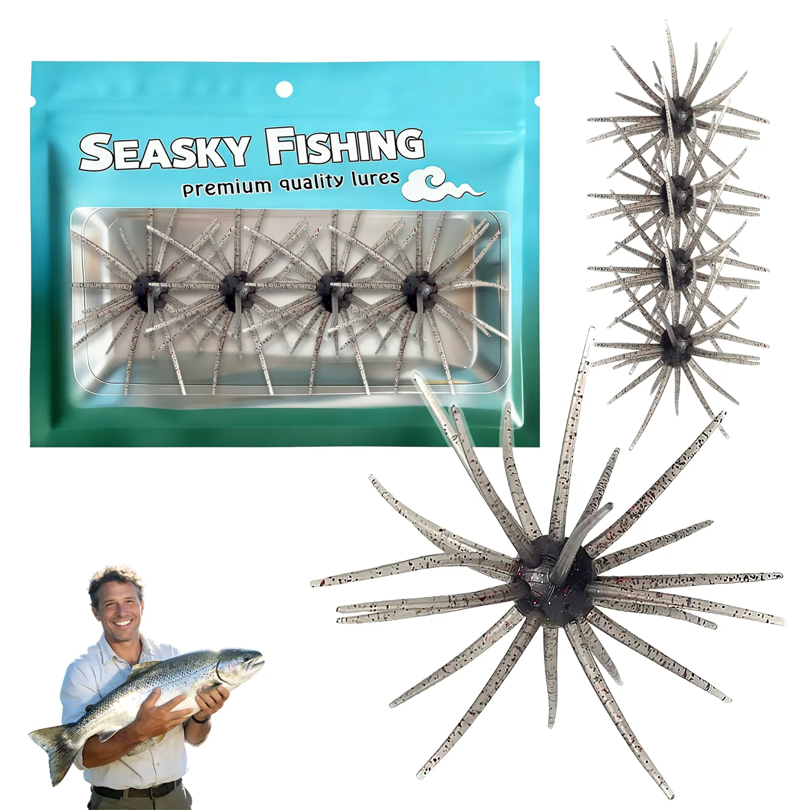 4pcs Tentacle Creature Soft Fishing Lure Set - Sea Urchin Look, Reusable Rig, Slow Sinking Wacky/Neko Rig for Saltwater Bass, Snakehead with Tentacle Action, Multi-Size